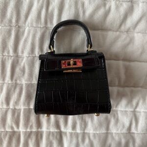 Mini Kelly Vegan Leather Croc-Embossed Mini micro Handbag black gold